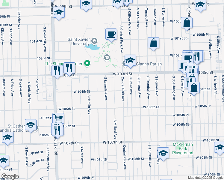 map of restaurants, bars, coffee shops, grocery stores, and more near 10352 South Millard Avenue in Chicago