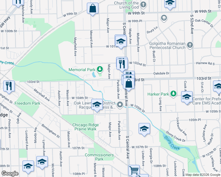 map of restaurants, bars, coffee shops, grocery stores, and more near 10308 Circle Drive in Oak Lawn