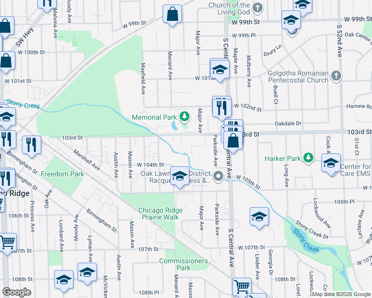 map of restaurants, bars, coffee shops, grocery stores, and more near 5736 Circle Drive in Oak Lawn