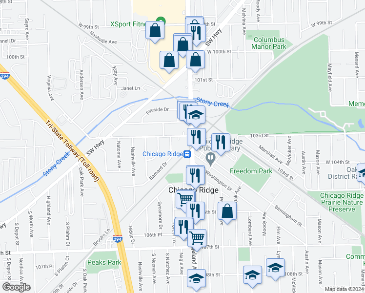 map of restaurants, bars, coffee shops, grocery stores, and more near 10304 South Ridgeland Avenue in Chicago Ridge