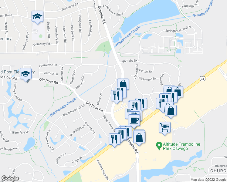 map of restaurants, bars, coffee shops, grocery stores, and more near 63 Seton Creek Drive in Oswego