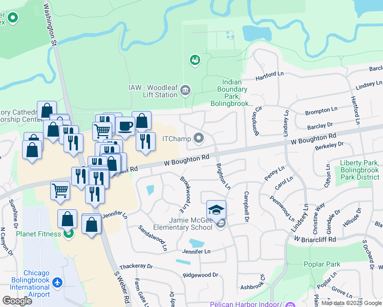 map of restaurants, bars, coffee shops, grocery stores, and more near 1071 Churchill Drive in Bolingbrook