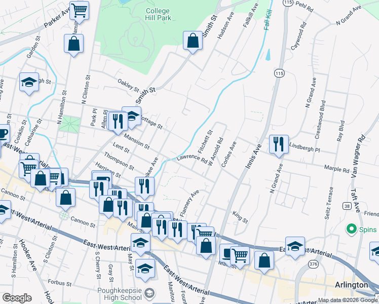 map of restaurants, bars, coffee shops, grocery stores, and more near 1 Lawrence Road in Poughkeepsie
