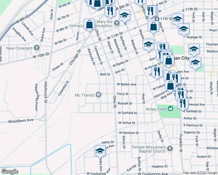 map of restaurants, bars, coffee shops, grocery stores, and more near 1701 Tennessee Street in Michigan City
