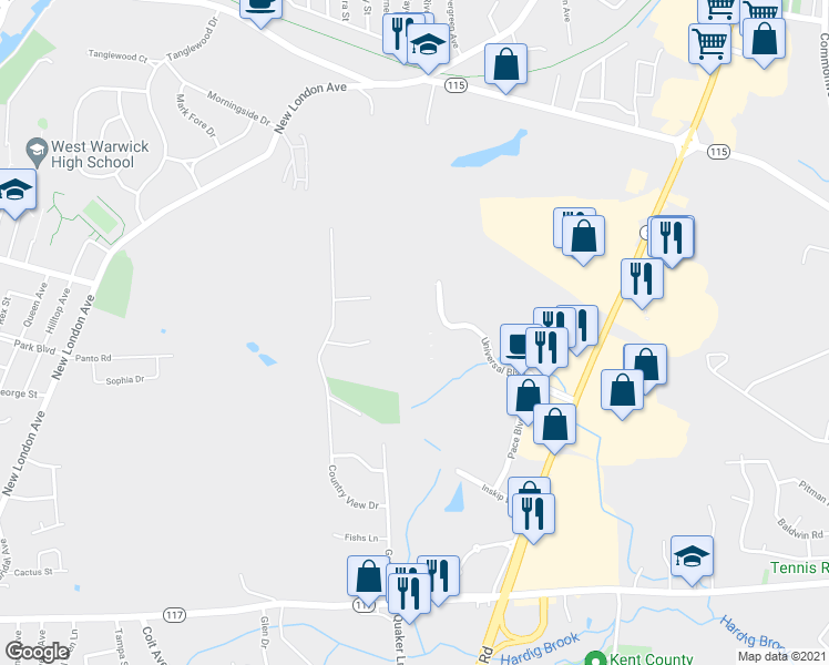 map of restaurants, bars, coffee shops, grocery stores, and more near 37 in Warwick