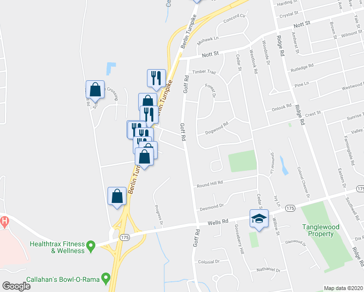 map of restaurants, bars, coffee shops, grocery stores, and more near 171 Goff Road in Wethersfield