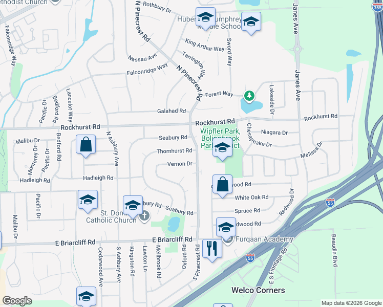 map of restaurants, bars, coffee shops, grocery stores, and more near 254 Thornhurst Road in Bolingbrook