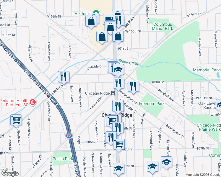 map of restaurants, bars, coffee shops, grocery stores, and more near 10304 South Ridgeland Avenue in Chicago Ridge
