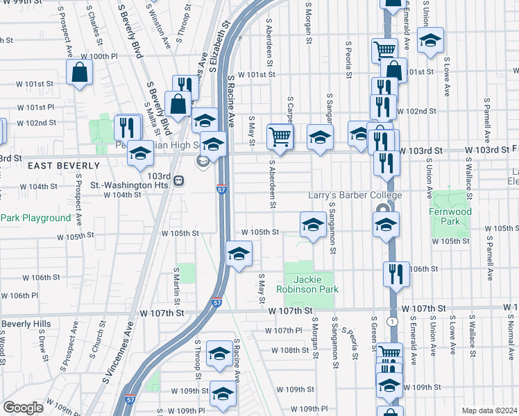 map of restaurants, bars, coffee shops, grocery stores, and more near 1118 West 104th Place in Chicago