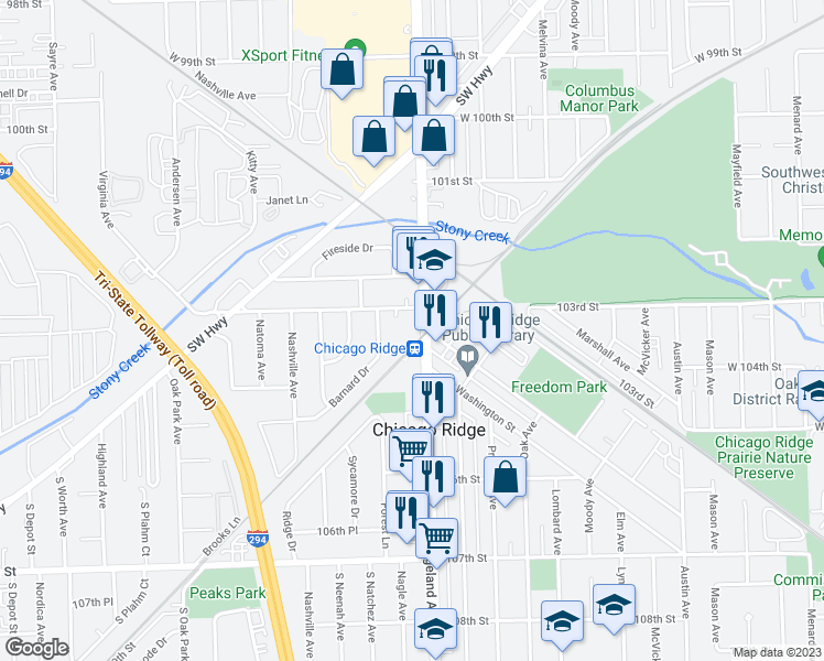 map of restaurants, bars, coffee shops, grocery stores, and more near 10304 South Ridgeland Avenue in Chicago Ridge
