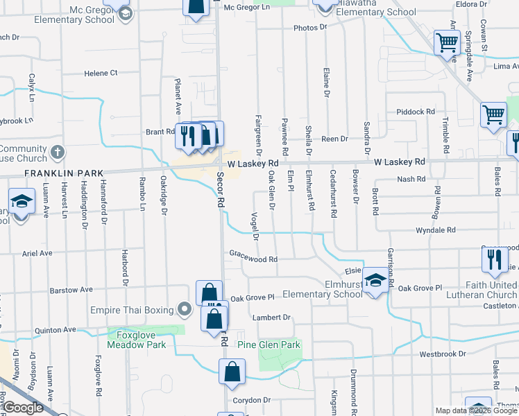 map of restaurants, bars, coffee shops, grocery stores, and more near 4837 Vogel Drive in Toledo