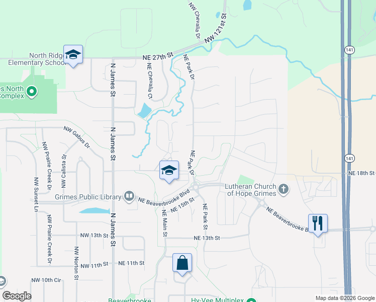 map of restaurants, bars, coffee shops, grocery stores, and more near 2009 Northeast Park Street in Grimes