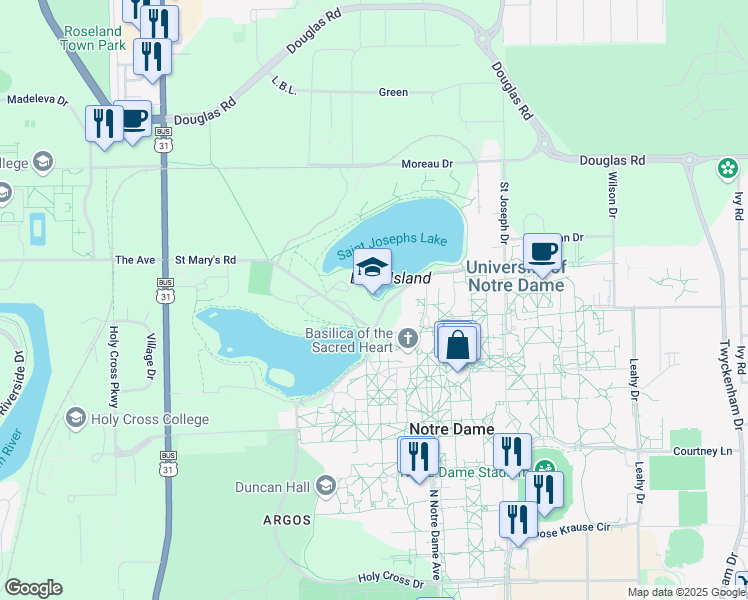 map of restaurants, bars, coffee shops, grocery stores, and more near in Notre Dame
