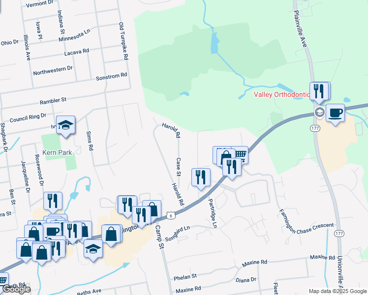 map of restaurants, bars, coffee shops, grocery stores, and more near 38 Case Street in Farmington