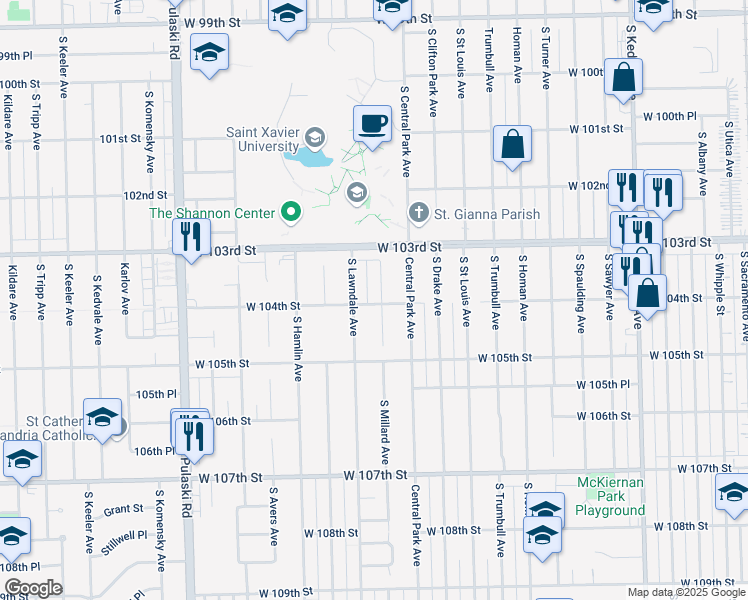 map of restaurants, bars, coffee shops, grocery stores, and more near 10352 South Millard Avenue in Chicago