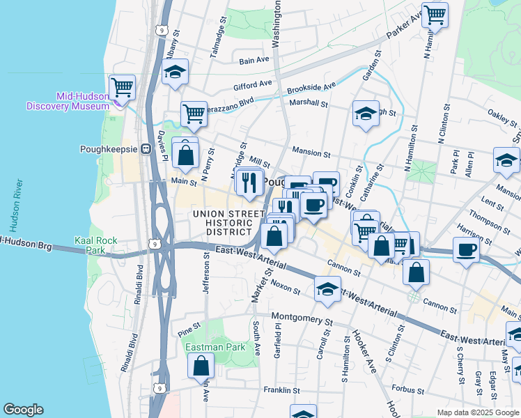 map of restaurants, bars, coffee shops, grocery stores, and more near 220 Main Street in Poughkeepsie