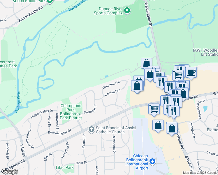 map of restaurants, bars, coffee shops, grocery stores, and more near 1445 Columbus Drive in Bolingbrook