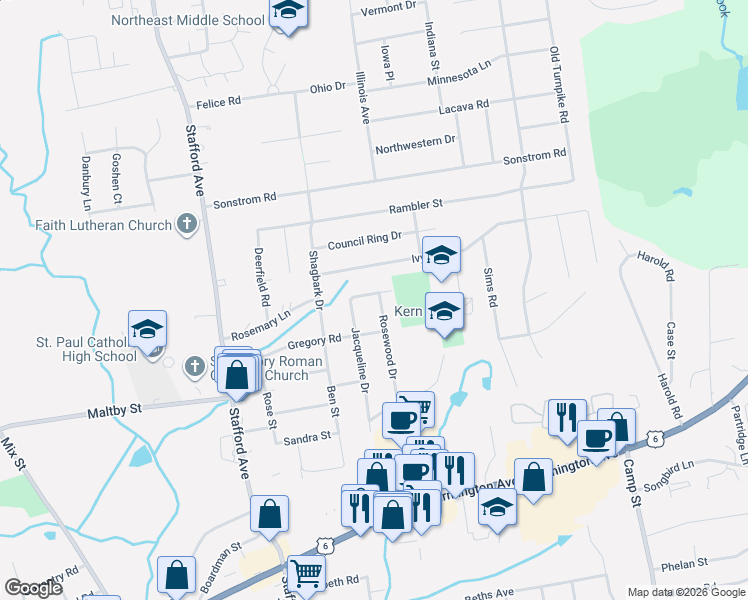 map of restaurants, bars, coffee shops, grocery stores, and more near 121 Rosewood Drive in Bristol