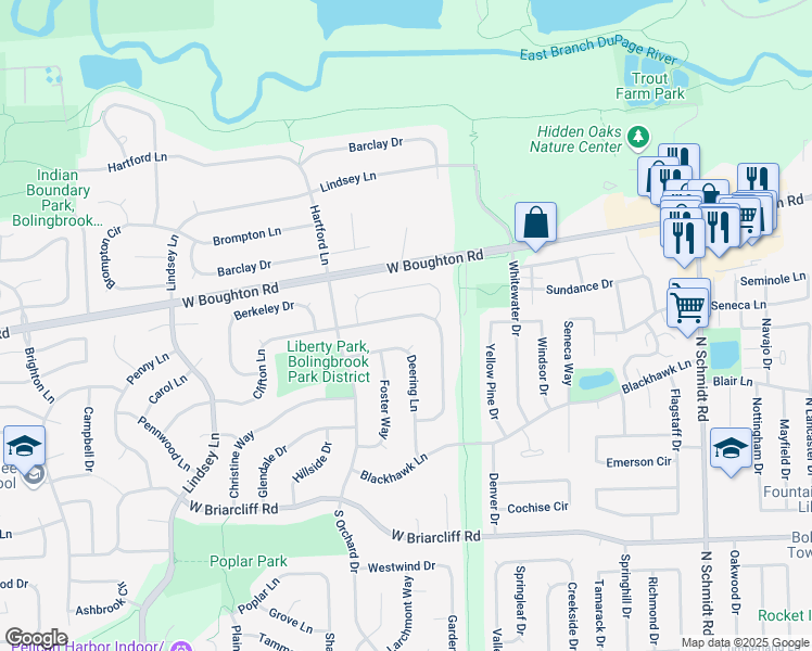 map of restaurants, bars, coffee shops, grocery stores, and more near 348 Clifton Ln in Bolingbrook