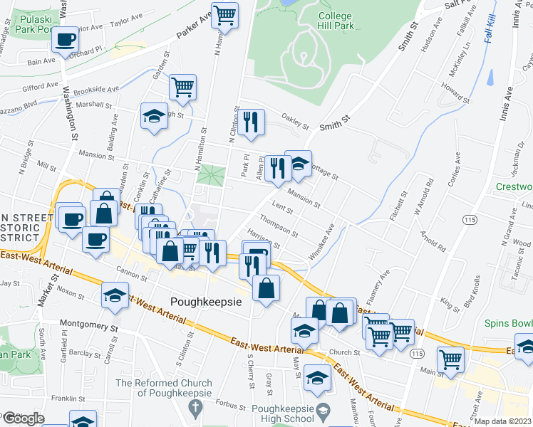 map of restaurants, bars, coffee shops, grocery stores, and more near 99 Thompson Street in Poughkeepsie