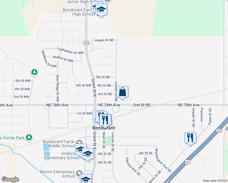 map of restaurants, bars, coffee shops, grocery stores, and more near 118 3rd Street Northeast in Bondurant