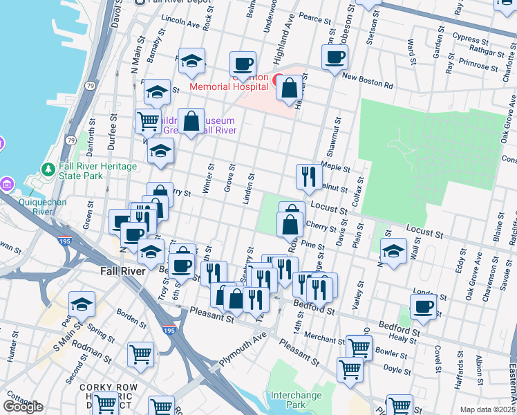 map of restaurants, bars, coffee shops, grocery stores, and more near 292 Seabury Street in Fall River