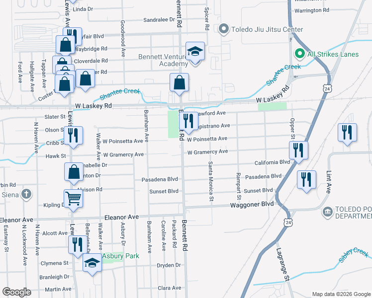 map of restaurants, bars, coffee shops, grocery stores, and more near 454 West Gramercy Avenue in Toledo