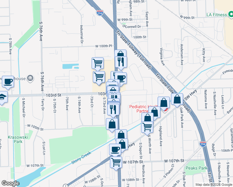 map of restaurants, bars, coffee shops, grocery stores, and more near S Harlem Ave & 103rd St in Palos Hills