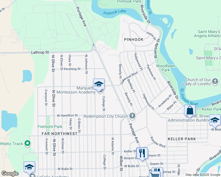map of restaurants, bars, coffee shops, grocery stores, and more near 1901-2099 Portage Ave in South Bend
