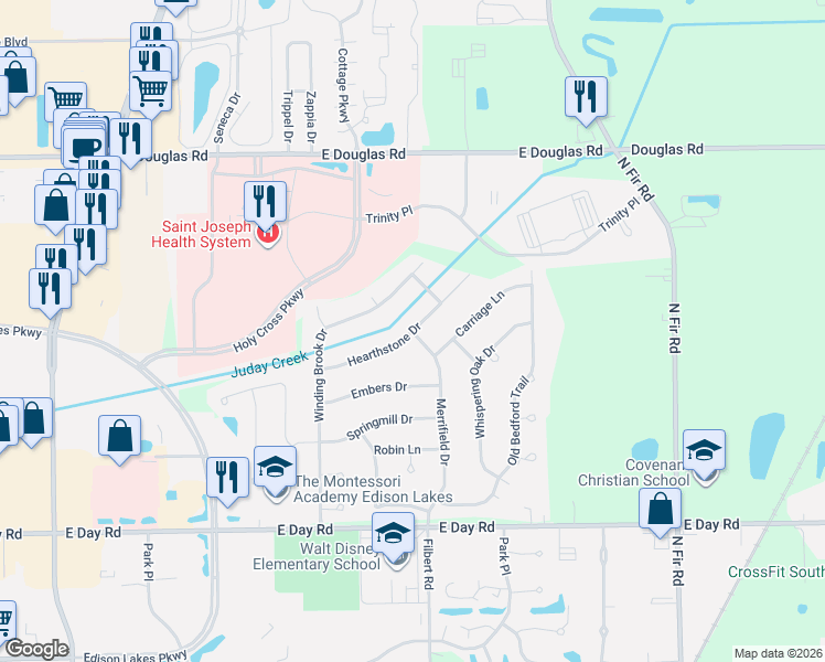 map of restaurants, bars, coffee shops, grocery stores, and more near 15598 Hearthstone Dr in Mishawaka