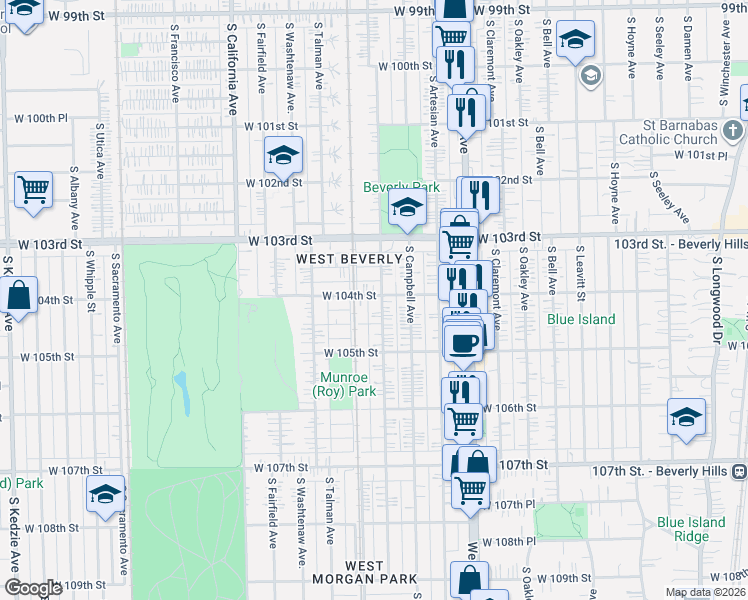 map of restaurants, bars, coffee shops, grocery stores, and more near 10400 South Maplewood Avenue in Chicago