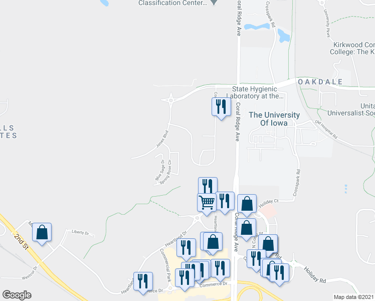 map of restaurants, bars, coffee shops, grocery stores, and more near 2886 Coral Court in Coralville