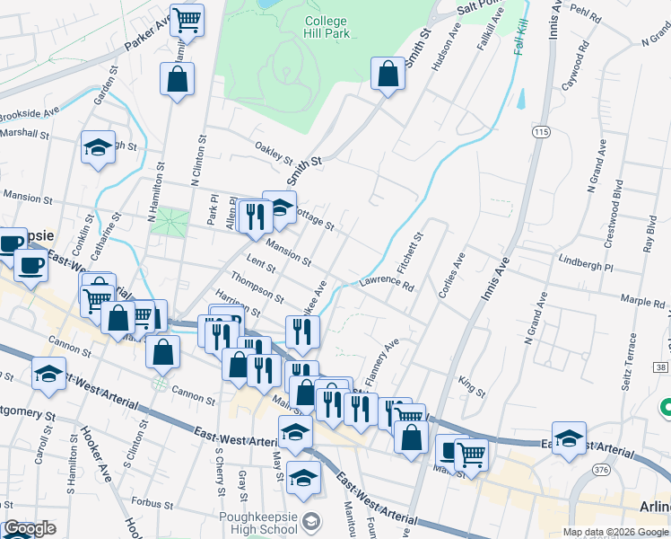 map of restaurants, bars, coffee shops, grocery stores, and more near in Poughkeepsie