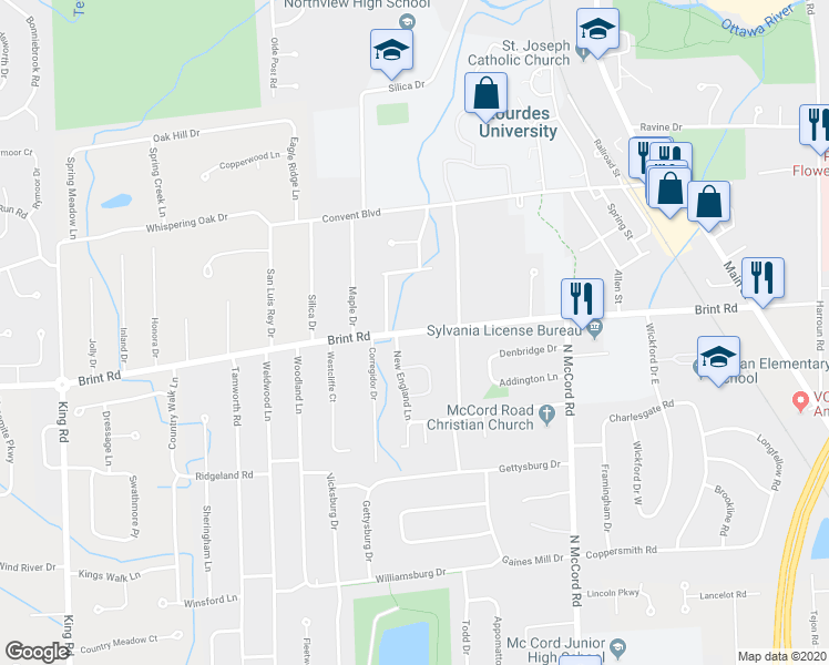 map of restaurants, bars, coffee shops, grocery stores, and more near 6925 Brint Rd in Sylvania