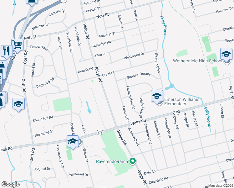 map of restaurants, bars, coffee shops, grocery stores, and more near 92 Eastern Drive in Wethersfield