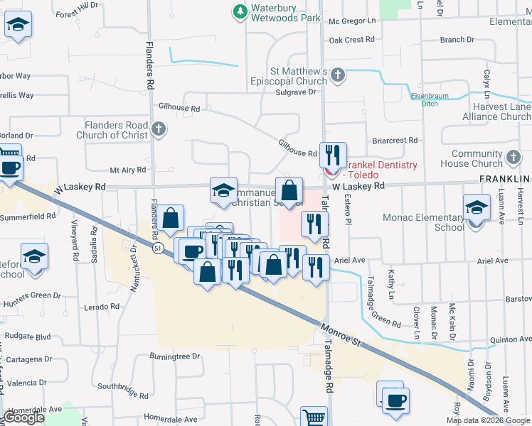 map of restaurants, bars, coffee shops, grocery stores, and more near 4907 Fairfield Drive in Toledo