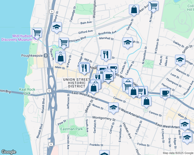 map of restaurants, bars, coffee shops, grocery stores, and more near 237 Main Street in Poughkeepsie