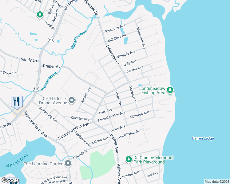 map of restaurants, bars, coffee shops, grocery stores, and more near 222 Longmeadow Avenue in Warwick