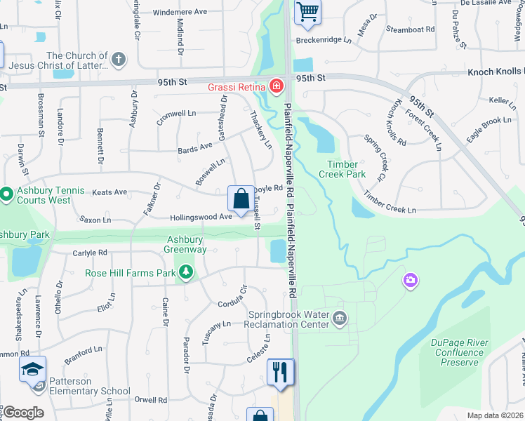 map of restaurants, bars, coffee shops, grocery stores, and more near 3316 Tussell Street in Naperville