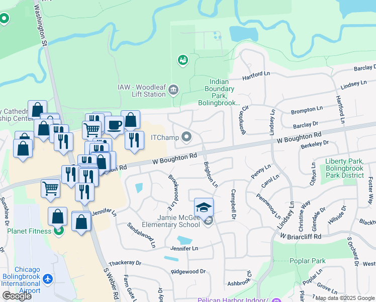 map of restaurants, bars, coffee shops, grocery stores, and more near 1071 Churchill Drive in Bolingbrook