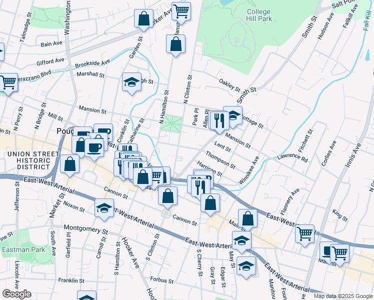 map of restaurants, bars, coffee shops, grocery stores, and more near 54 Thompson Street in Poughkeepsie