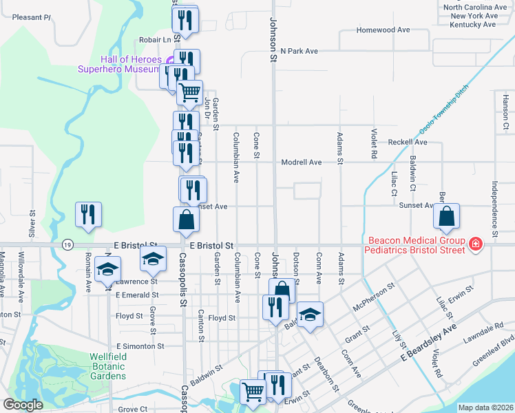 map of restaurants, bars, coffee shops, grocery stores, and more near 800 Sunset Avenue in Elkhart