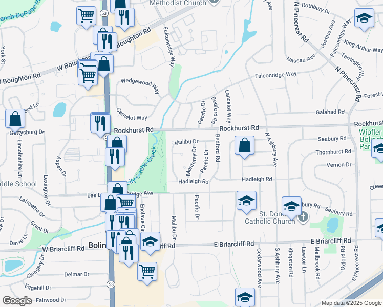 map of restaurants, bars, coffee shops, grocery stores, and more near 223 Monterey Drive in Bolingbrook