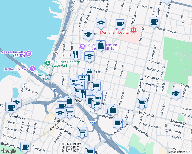 map of restaurants, bars, coffee shops, grocery stores, and more near 214 High Street in Fall River