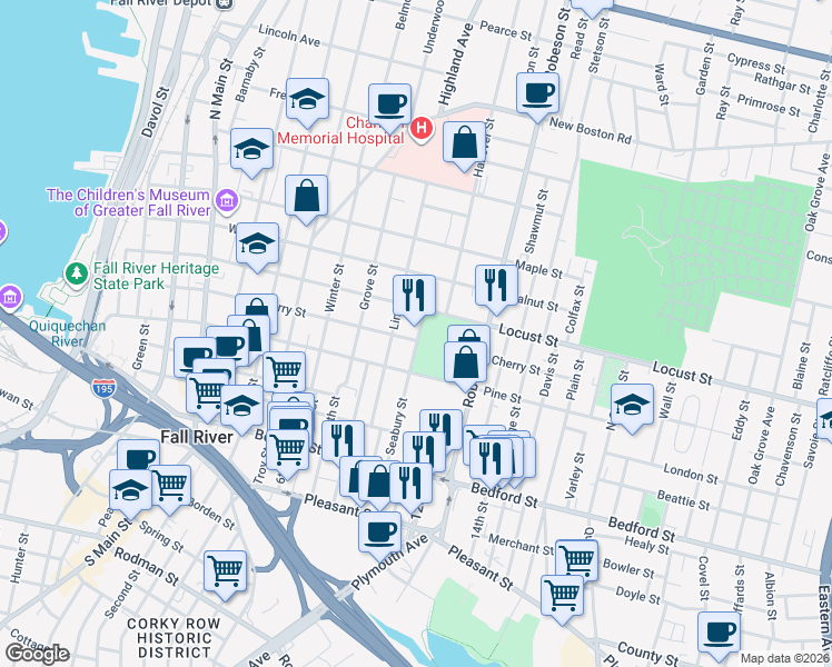 map of restaurants, bars, coffee shops, grocery stores, and more near 270 Seabury Street in Fall River