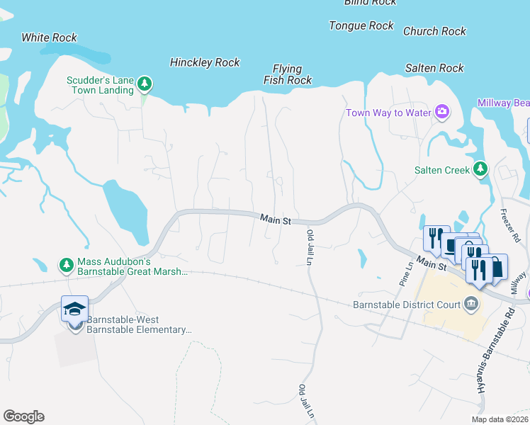map of restaurants, bars, coffee shops, grocery stores, and more near 2828 Main Street in Barnstable
