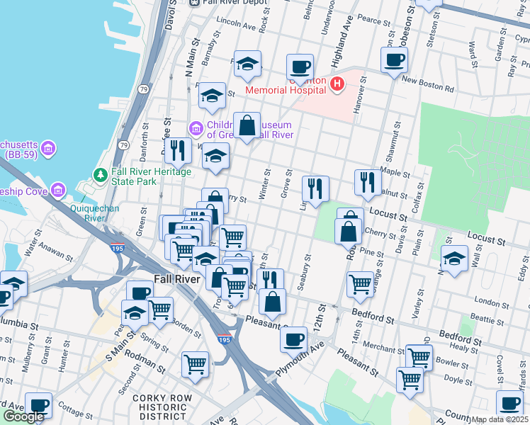 map of restaurants, bars, coffee shops, grocery stores, and more near 521 Cherry Street in Fall River