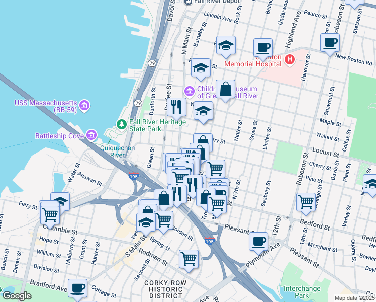 map of restaurants, bars, coffee shops, grocery stores, and more near 266 Pine Street in Fall River