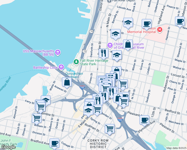 map of restaurants, bars, coffee shops, grocery stores, and more near 107 Green Street in Fall River
