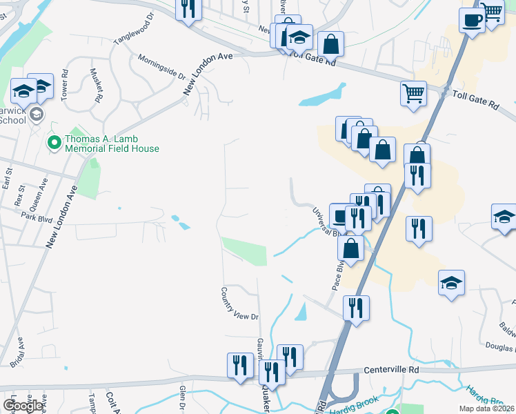 map of restaurants, bars, coffee shops, grocery stores, and more near 1 Downing Lane in Warwick